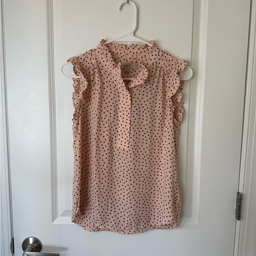 LOFT Blush Heart Print Ruffle Sleeve Blouse